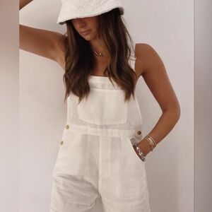 NWT WeWoreWhat White Linen & Gold Hardware Overalls Medium $175 Retail